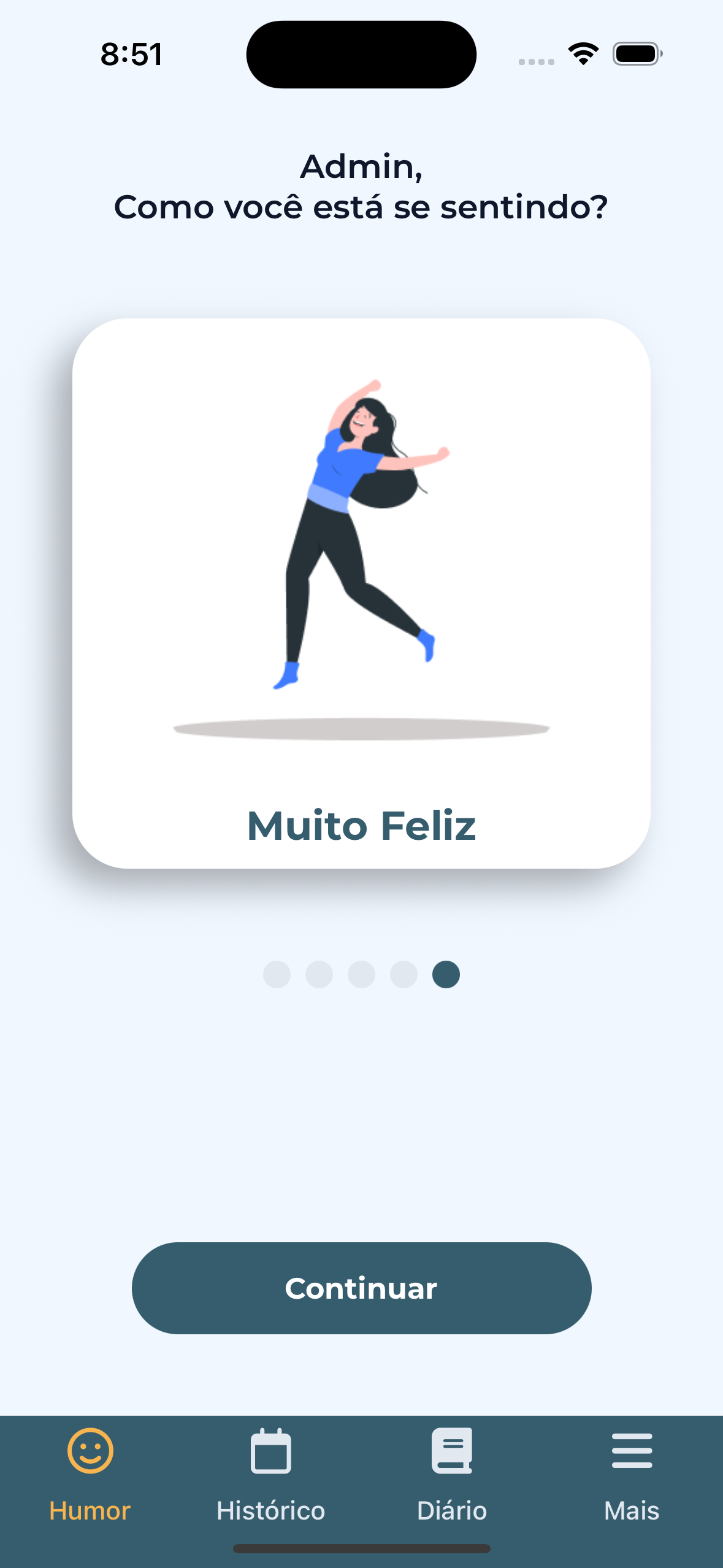 Tela principal do app Diário de Emoções mostrando o registro de humor diário
