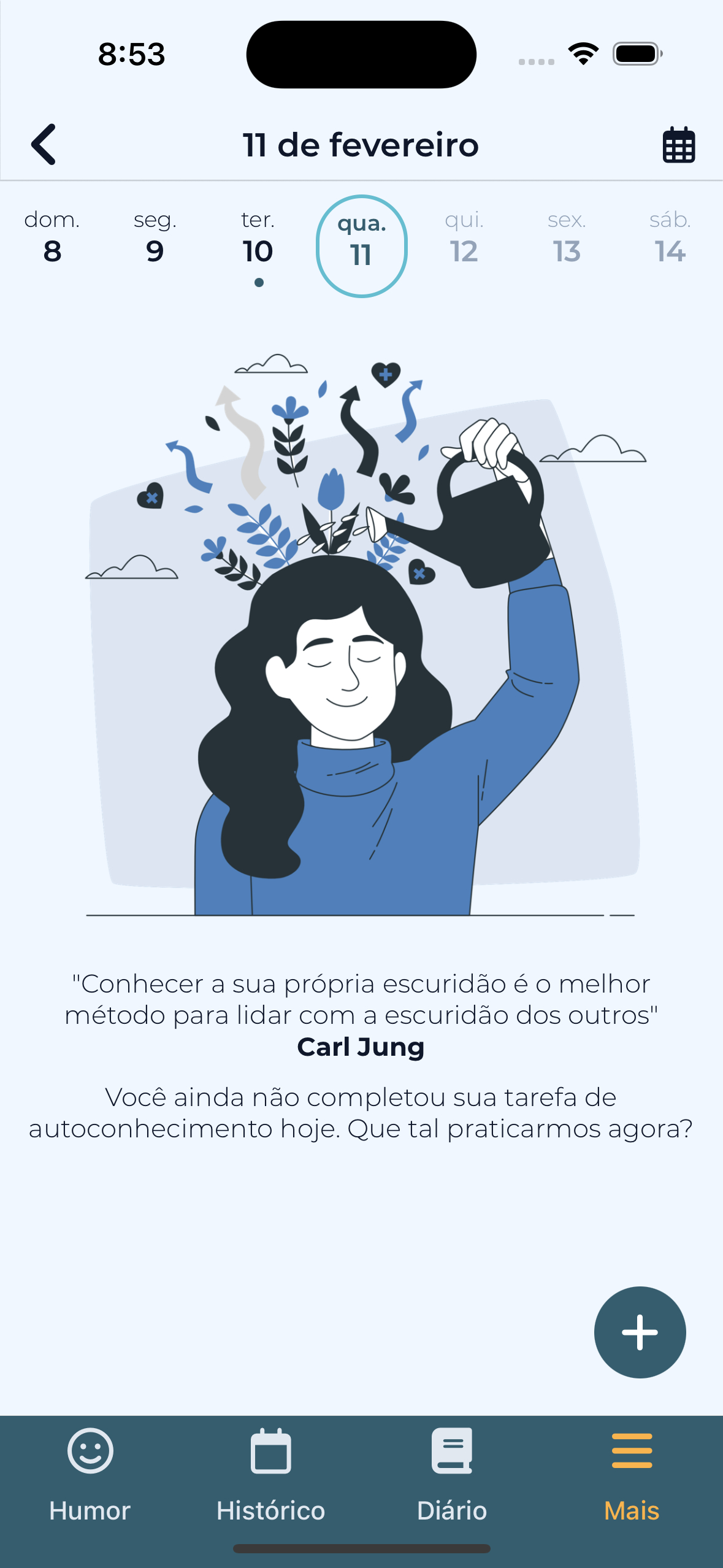 Tela de autoconhecimento com reflexões guiadas e exercícios de inteligência emocional